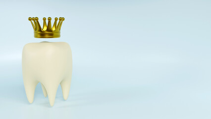 3D rendering of white Tooth and golden crown on color background. Tooth care dental medical stomatology icon