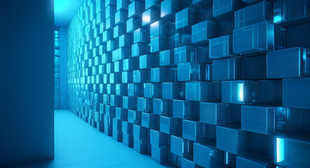 a big row of blue squares on wall, in the style of crystal cubism, lightbox, 3d 