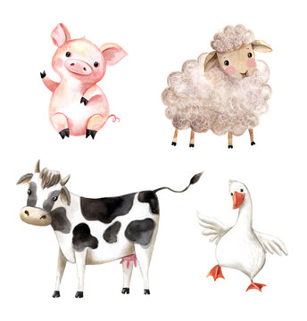 Cute farm animals. isolated. 
Goose, cow, pig, and lamb. Watercolor hand-drawn illustration.