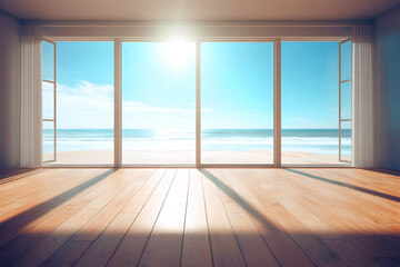 Obraz na płótnie Canvas Creative interior concept. Wide large window oak wooden room gallery opening to beach sunny blue skies landscape. Template for product presentation. Mock up 3D rendering 