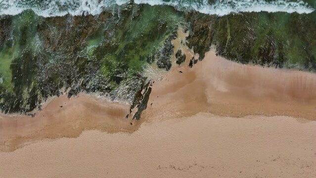 South Africa most stunning white sand beach epic surf wave rugged reef coastline aerial drone cinematic JBAY Jeffreys Bay WSL Corona Open Supers Boneyard summer morning looking down to the right