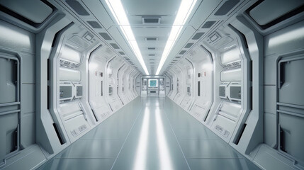 Space station scifi style corridor or hallway, leading to a door. White clean illuminated walls