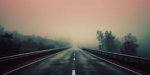 Fototapeta premium Misty empty road with trees on the side. Foggy highway. Mystery travel concept. Generative AI