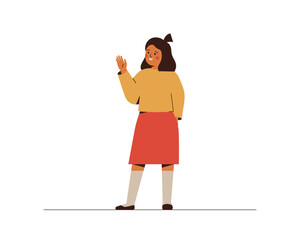 Happy girl waving hand by welcome gesture. Teenager says hello with hands. School female student greets via raised arm. Friendship and good communication concept. Vector illustration