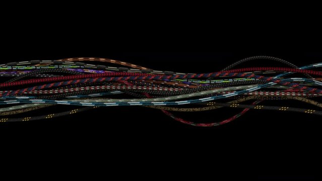 Ropes. Abstract animation of ropes made in a graphic editor. 3D generated.On black BG