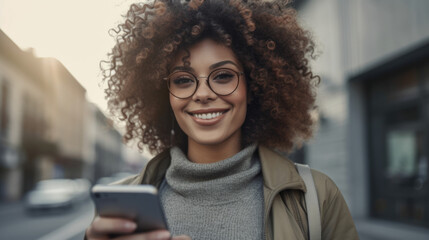 Smart casual young woman smiling with phone, corporate business woman, friendly woman, warm smile, ai generative