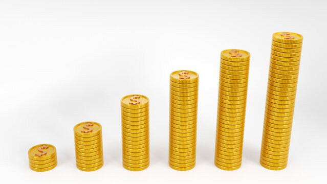 Golden dollar coins stack arranged as a money graph on white background, 3D rendering
