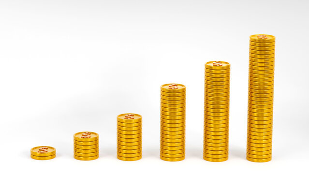 Golden dollar coins stack arranged as a money graph on white background, 3D rendering