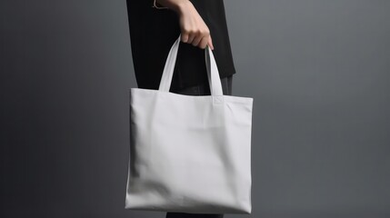 a photo of a hand holding tote bag mock up on soft grey background with copy space generative ai