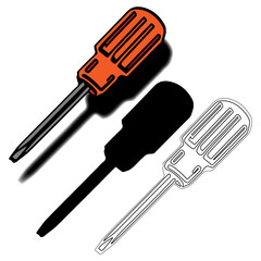 set of a slotted screwdriver in color, outline, and silhouette