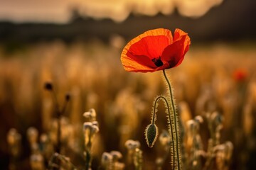beautiful wheat field in sunset and a poppie, AI Generative