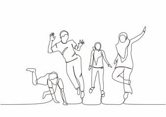 One line drawing of group of men and women jumping together showing their friendship isolated on white background.