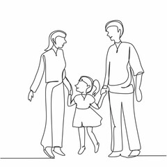 Parents day one line. Continuous line drawing of happy family father, mother and one child. vector illustration isolated on white background with muslim family.