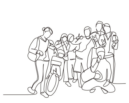 One line drawing of group of men and women standing together showing their friendship isolated on white background.