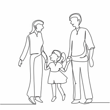 Parents day one line. Continuous line drawing of happy family father, mother and one child. vector illustration isolated on white background with muslim family.