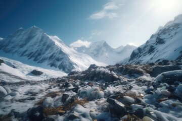 Snowy mountain with piles of waste on the way. AI generative