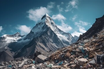Snowy mountain with piles of waste on the way. AI generative