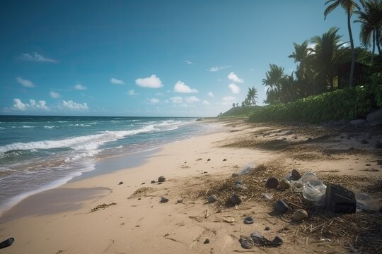 Topical beach full of plastic and waste. AI generative