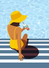 vector trendy image on the theme of summer holidays. a woman in a yellow swimsuit sits with her back on the edge of the pool in a big hat with a drink, sunbathes, rests, relaxes in a tropical resort.