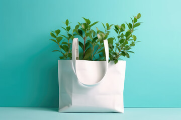 Mock-up for design of white canvas shopper bag with green plant leaves isolated on flat blue background with copy space. Eco-friendly plastic free bag template. Generative AI 3d render.