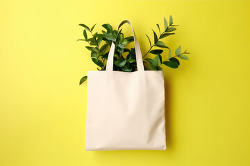 Mockup for design of white textile canvas shopper bag with green plant leaves isolated on flat yellow background with copy space. Eco-friendly plastic free bag template. Generative AI 3d render.