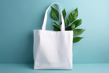 Mockup for design of white canvas shopper bag with green plant leaves isolated on pastel blue background with copy space. Eco-friendly plastic free bag template. Generative AI 3d render.