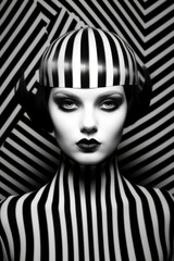 Illustration of a woman with bold black and white striped face paint. Pop Art and Op Art inspired imagery, created with Generative AI technology © AI Visual Vault