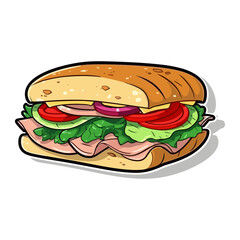 Vector illustration cartoon flat style delicious appetizing toast sandwich with sausage ham cheese tomato greens isolated on white sticker design