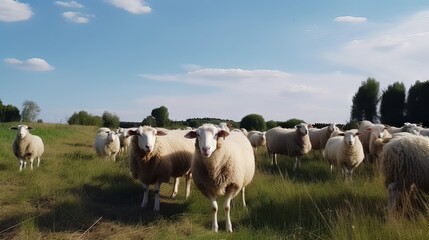 Fototapeta premium flock of sheep in a field, generative ai