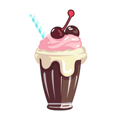 Vector berry milkshake sticker illustration cartoon flat style. Milk shake with whipped cream sweet dessert with cherries