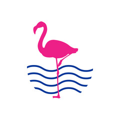 Logo vacaciones en paraíso tropical. Silueta de flamingo con olas - obrazy, fototapety, plakaty