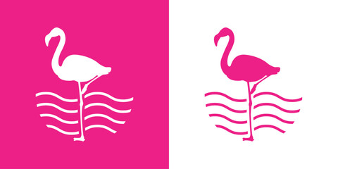 Logo vacaciones en paraíso tropical. Silueta de flamingo con olas