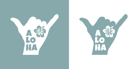 Logo vacaciones en Hawái. Palabra aloha con letras estilo hawaiano con silueta de flor de hibisco en mano con señal shaka. Mano con símbolo hang loose - obrazy, fototapety, plakaty
