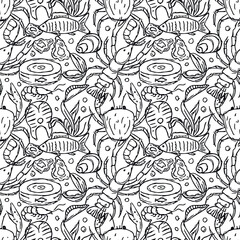 Obraz premium Seamless seafood pattern. Drawn seafood background