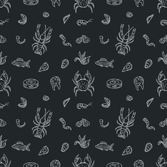  Seamless seafood pattern. Drawn seafood background