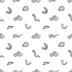  Seamless seafood pattern. Drawn seafood background