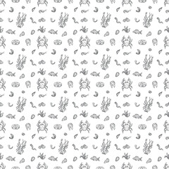  Seamless seafood pattern. Drawn seafood background