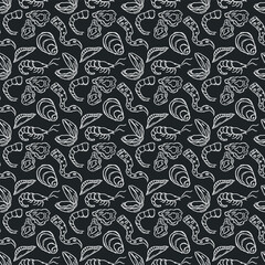  Seamless seafood pattern. Drawn seafood background