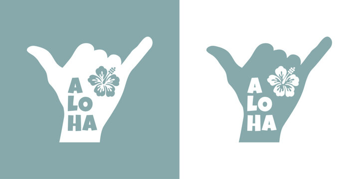 Logo vacaciones en Haw&aacute;i. Palabra aloha con letras estilo hawaiano con silueta de flor de hibisco en mano con se&ntilde;al shaka. Mano con s&iacute;mbolo hang loose