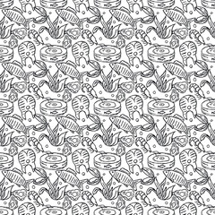  Seamless seafood pattern. Drawn seafood background