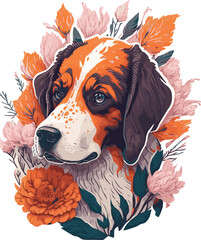 A hunting dog surrounded by flowers - 613792242
