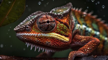 Close up of an Chameleons in rainy weather, generative ai
