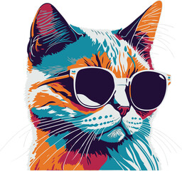  colored version, Portrait of Cat with sunglasses, shades. Vector art illustration. T-shirt design. t shirt design,