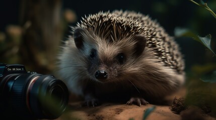 Fototapeta premium hedgehog in the grass with camera by generative ai
