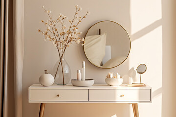 Empty modern, minimal beige dressing table, gold handle drawer storage, twig glass vase, round vanity mirror in cream wall bedroom in sunlight for luxury beauty, cosmetic, generative AI