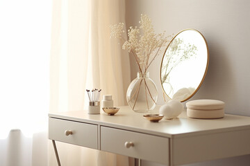 Empty modern, minimal beige dressing table, gold handle drawer storage, twig glass vase, round vanity mirror in cream wall bedroom in sunlight for luxury beauty, cosmetic, generative AI - obrazy, fototapety, plakaty