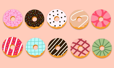 Colorful Delicious Sweet Donuts Illustration Set