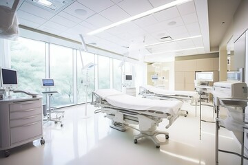 Clean Modern Bright Patients' Hospital Room Interior with Beds. Generative ai