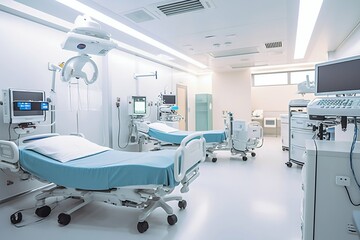 Clean Modern Bright Patients' Hospital Room Interior with Beds. Generative ai
