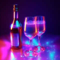 Party background with bottle champagne wine with glass. Colorful ultraviolet holographic neon lights. 3d rendering 
